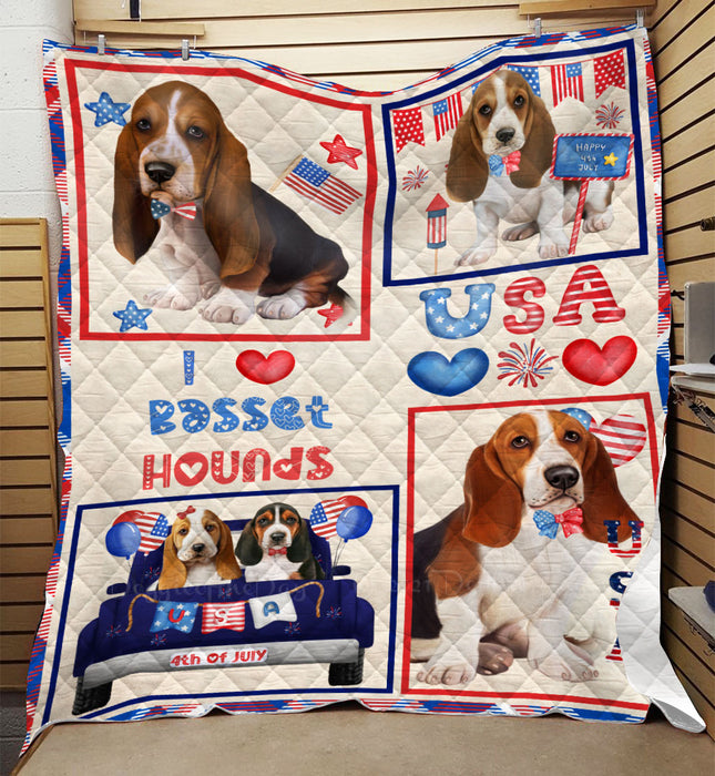 4th of July Independence Day I Love USA Basset Hound Dogs Quilt Bed Coverlet Bedspread - Pets Comforter Unique One-side Animal Printing - Soft Lightweight Durable Washable Polyester Quilt