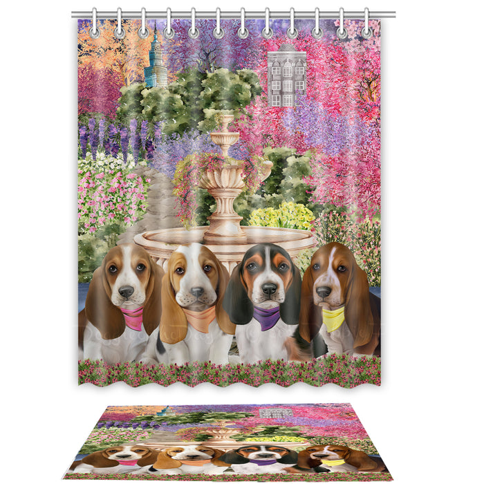 Basset Hound Shower Curtain & Bath Mat Set, Bathroom Decor Curtains with hooks and Rug, Explore a Variety of Designs, Personalized, Custom, Dog Lover's Gifts