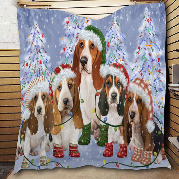 Christmas Lights and Basset Hound Dogs  Quilt Bed Coverlet Bedspread - Pets Comforter Unique One-side Animal Printing - Soft Lightweight Durable Washable Polyester Quilt
