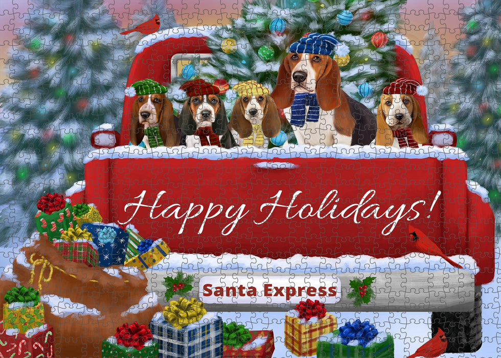 Christmas Red Truck Travlin Home for the Holidays Basset Hound Dogs Portrait Jigsaw Puzzle for Adults Animal Interlocking Puzzle Game Unique Gift for Dog Lover's with Metal Tin Box