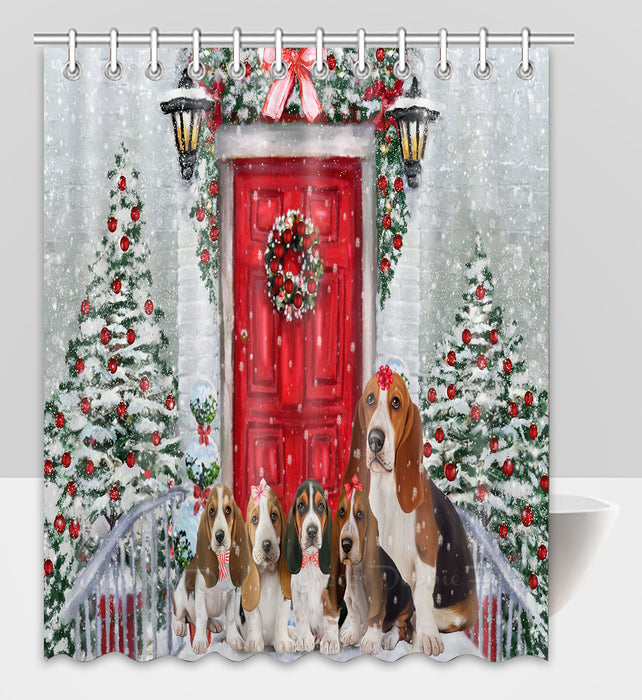 Christmas Holiday Welcome Basset Hound Dogs Shower Curtain Pet Painting Bathtub Curtain Waterproof Polyester One-Side Printing Decor Bath Tub Curtain for Bathroom with Hooks