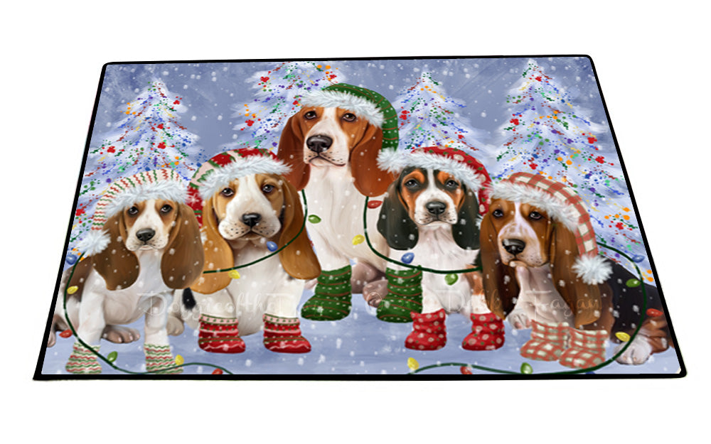 Christmas Lights and Basset Hound Dogs Floor Mat- Anti-Slip Pet Door Mat Indoor Outdoor Front Rug Mats for Home Outside Entrance Pets Portrait Unique Rug Washable Premium Quality Mat