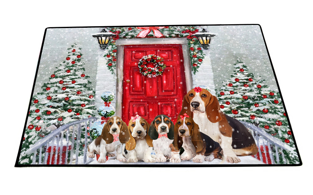 Christmas Holiday Welcome Basset Hound Dogs Floor Mat- Anti-Slip Pet Door Mat Indoor Outdoor Front Rug Mats for Home Outside Entrance Pets Portrait Unique Rug Washable Premium Quality Mat