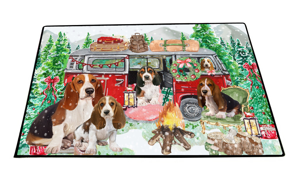 Christmas Time Camping with Basset Hound Dogs Floor Mat- Anti-Slip Pet Door Mat Indoor Outdoor Front Rug Mats for Home Outside Entrance Pets Portrait Unique Rug Washable Premium Quality Mat