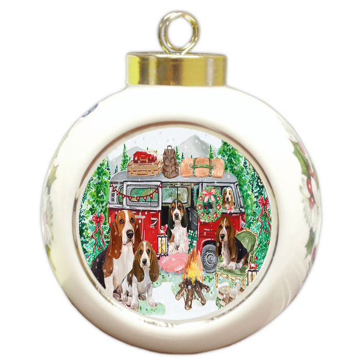 Christmas Time Camping with Basset Hound Dogs Round Ball Christmas Ornament Pet Decorative Hanging Ornaments for Christmas X-mas Tree Decorations - 3" Round Ceramic Ornament