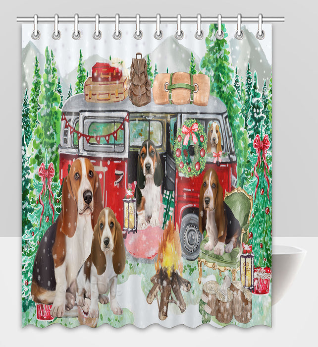 Christmas Time Camping with Basset Hound Dogs Shower Curtain Pet Painting Bathtub Curtain Waterproof Polyester One-Side Printing Decor Bath Tub Curtain for Bathroom with Hooks