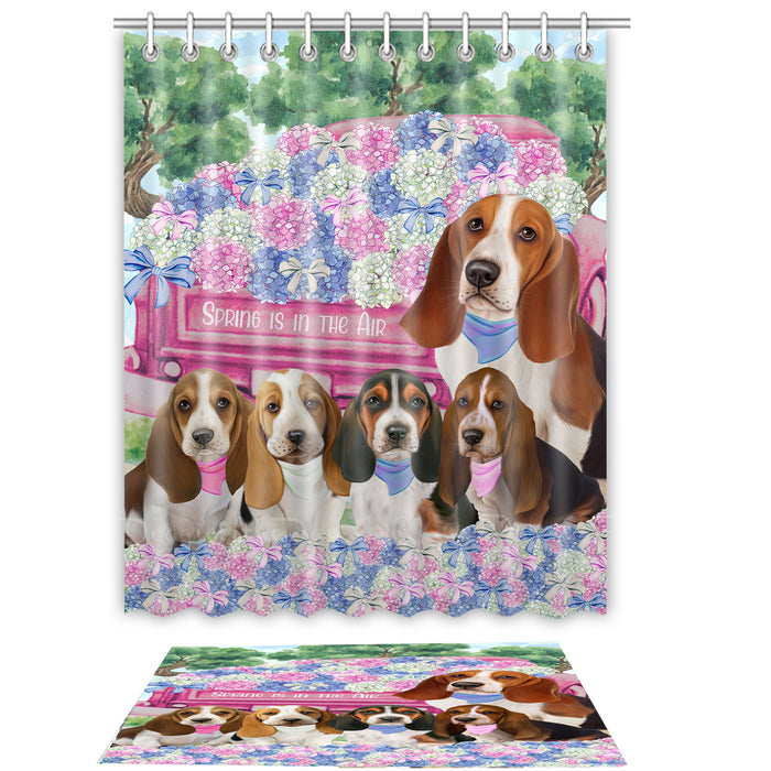 Basset Hound Shower Curtain & Bath Mat Set, Bathroom Decor Curtains with hooks and Rug, Explore a Variety of Designs, Personalized, Custom, Dog Lover's Gifts