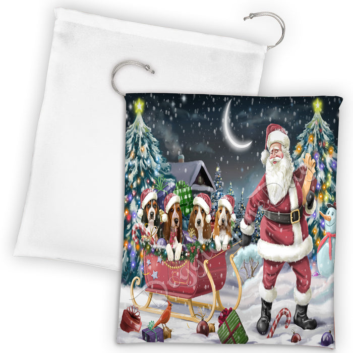 Santa Sled Dogs Christmas Happy Holidays Basset Hound Dogs Drawstring Laundry or Gift Bag LGB48667