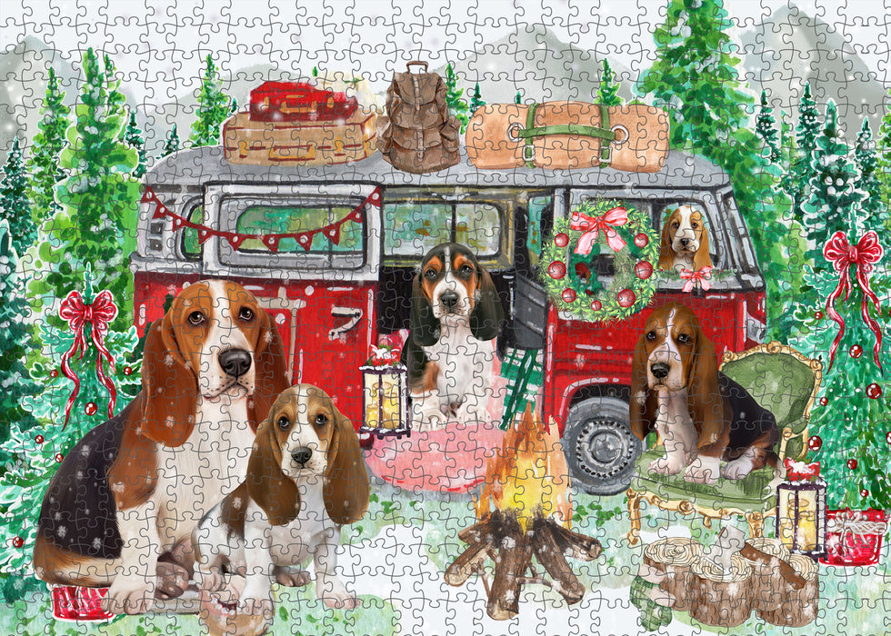 Christmas Time Camping with Basset Hound Dogs Portrait Jigsaw Puzzle for Adults Animal Interlocking Puzzle Game Unique Gift for Dog Lover's with Metal Tin Box