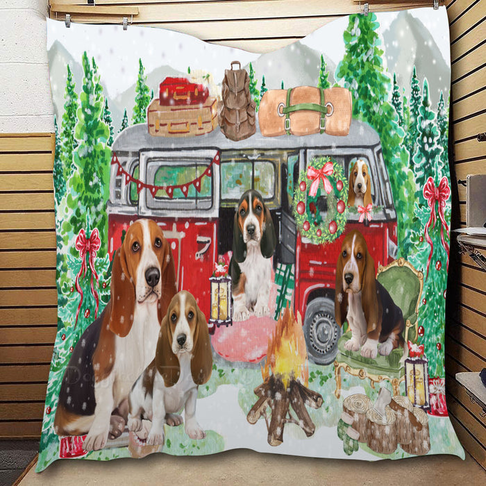 Christmas Time Camping with Basset Hound Dogs  Quilt Bed Coverlet Bedspread - Pets Comforter Unique One-side Animal Printing - Soft Lightweight Durable Washable Polyester Quilt