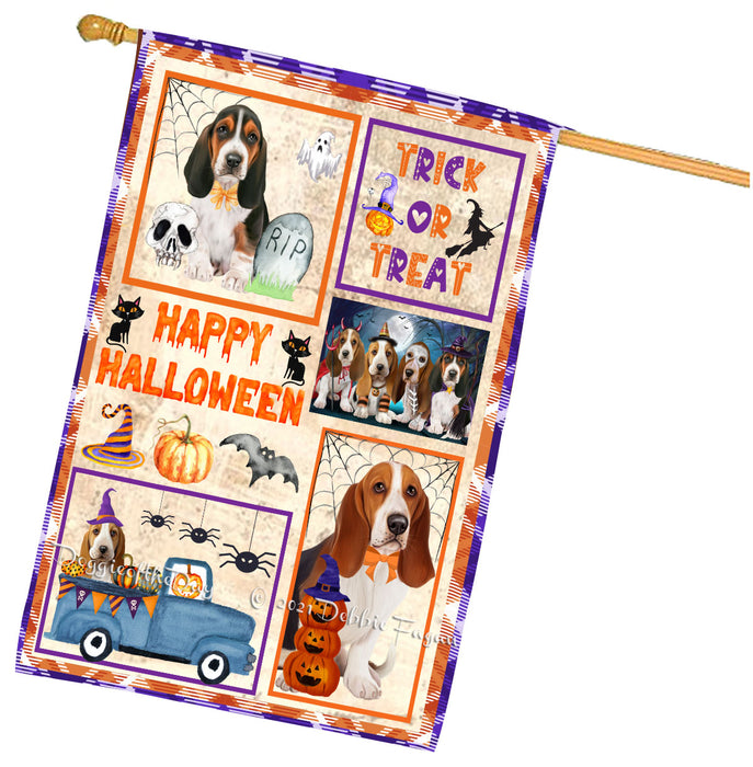 Happy Halloween Trick or Treat Basset Hound Dogs House Flag Outdoor Decorative Double Sided Pet Portrait Weather Resistant Premium Quality Animal Printed Home Decorative Flags 100% Polyester