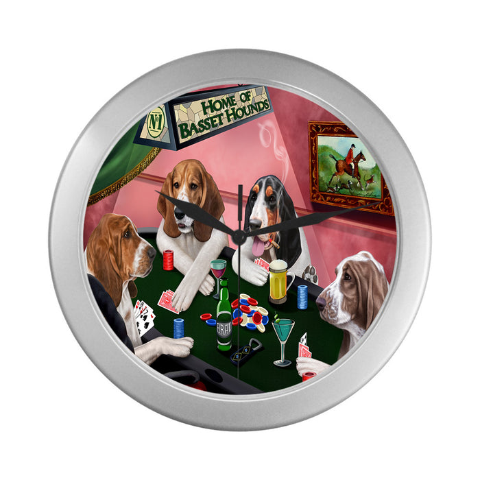 Home of Basset Hound Dogs Playing Poker Silver Wall Clocks