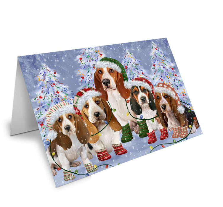 Christmas Lights and Basset Hound Dogs Handmade Artwork Assorted Pets Greeting Cards and Note Cards with Envelopes for All Occasions and Holiday Seasons
