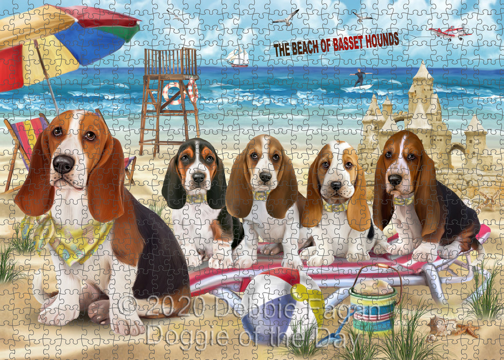 Pet Friendly Beach Basset Hound Dogs Portrait Jigsaw Puzzle for Adults Animal Interlocking Puzzle Game Unique Gift for Dog Lover's with Metal Tin Box