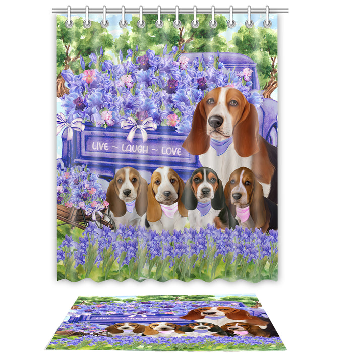 Basset Hound Shower Curtain & Bath Mat Set, Bathroom Decor Curtains with hooks and Rug, Explore a Variety of Designs, Personalized, Custom, Dog Lover's Gifts