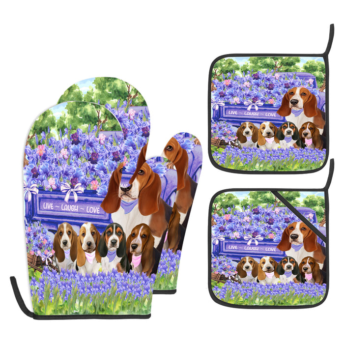 Basset Hound Oven Mitts and Pot Holder Set: Kitchen Gloves for Cooking with Potholders, Custom, Personalized, Explore a Variety of Designs, Dog Lovers Gift