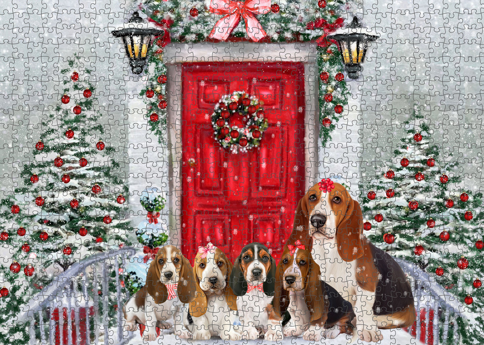 Christmas Holiday Welcome Basset Hound Dogs Portrait Jigsaw Puzzle for Adults Animal Interlocking Puzzle Game Unique Gift for Dog Lover's with Metal Tin Box