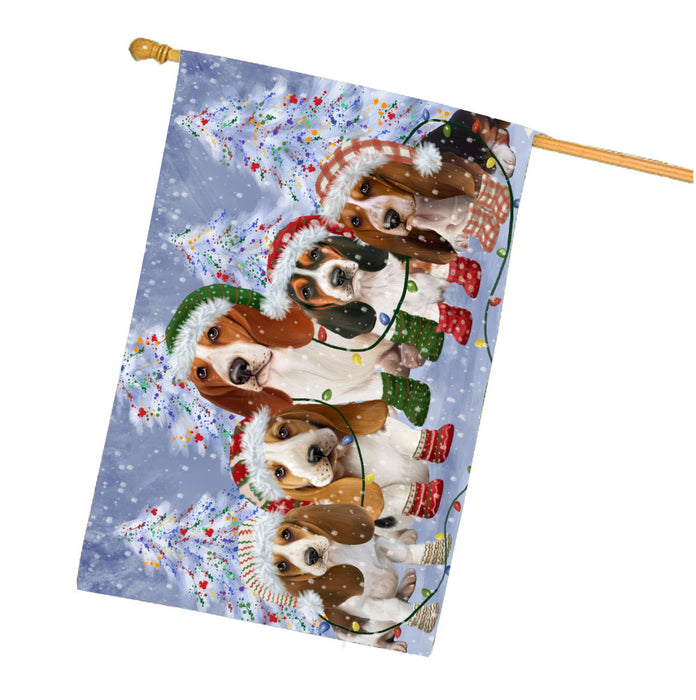 Christmas Lights and Basset Hound Dogs House Flag Outdoor Decorative Double Sided Pet Portrait Weather Resistant Premium Quality Animal Printed Home Decorative Flags 100% Polyester