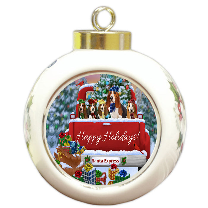 Christmas Red Truck Travlin Home for the Holidays Basset Hound Dogs Round Ball Christmas Ornament Pet Decorative Hanging Ornaments for Christmas X-mas Tree Decorations - 3" Round Ceramic Ornament