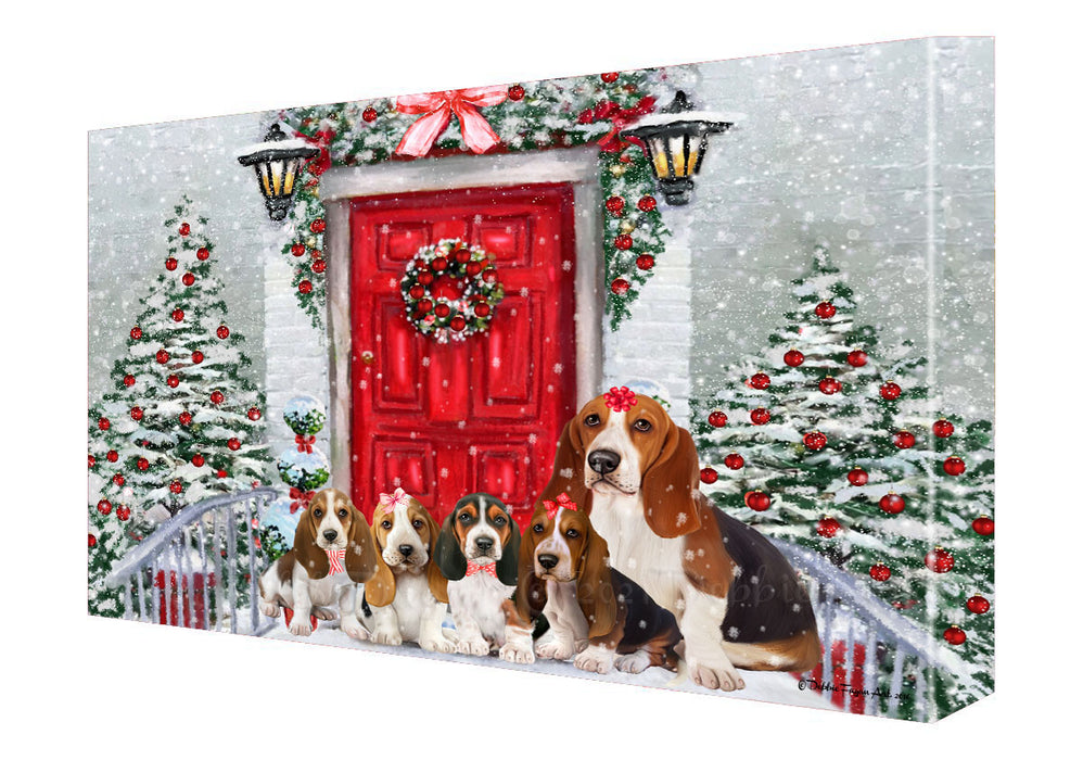 Christmas Holiday Welcome Basset Hound Dogs Canvas Wall Art - Premium Quality Ready to Hang Room Decor Wall Art Canvas - Unique Animal Printed Digital Painting for Decoration