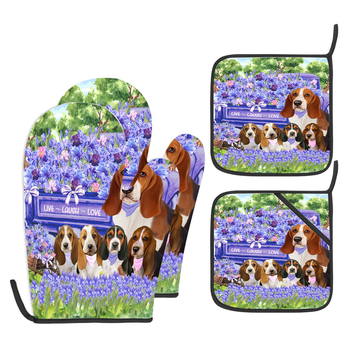 Basset Hound Oven Mitts and Pot Holder Set: Explore a Variety of Designs, Personalized, Potholders with Kitchen Gloves for Cooking, Custom, Halloween Gifts for Dog Mom