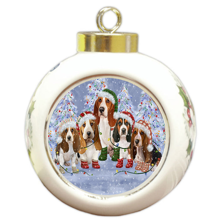 Christmas Lights and Basset Hound Dogs Round Ball Christmas Ornament Pet Decorative Hanging Ornaments for Christmas X-mas Tree Decorations - 3" Round Ceramic Ornament