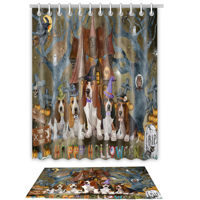 Basset Hound Shower Curtain & Bath Mat Set, Custom, Explore a Variety of Designs, Personalized, Curtains with hooks and Rug Bathroom Decor, Halloween Gift for Dog Lovers