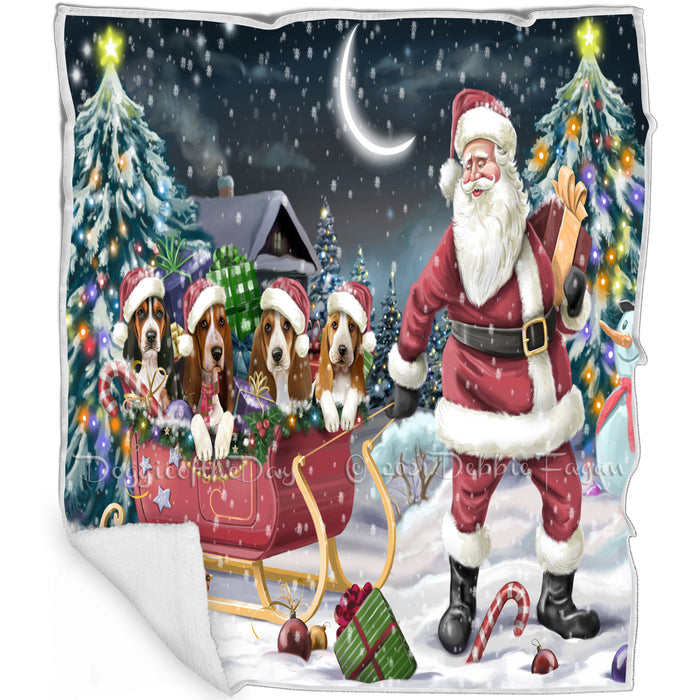 Merry Christmas Happy Holiday Santa Sled Basset Hound Dogs Blanket D307