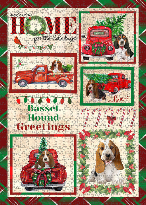 Welcome Home for Christmas Holidays Basset Hound Dogs Portrait Jigsaw Puzzle for Adults Animal Interlocking Puzzle Game Unique Gift for Dog Lover's with Metal Tin Box