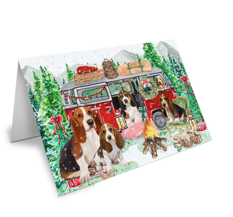 Christmas Time Camping with Basset Hound Dogs Handmade Artwork Assorted Pets Greeting Cards and Note Cards with Envelopes for All Occasions and Holiday Seasons