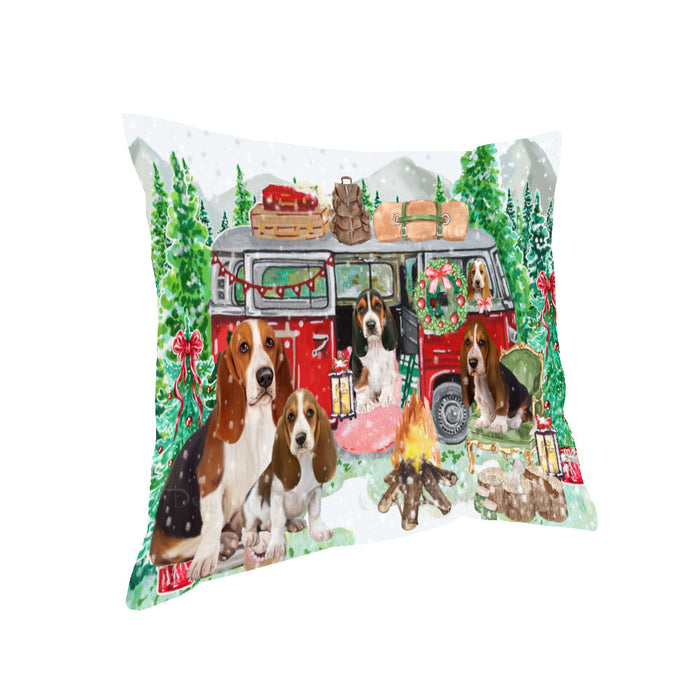 Christmas Time Camping with Basset Hound Dogs Pillow with Top Quality High-Resolution Images - Ultra Soft Pet Pillows for Sleeping - Reversible & Comfort - Ideal Gift for Dog Lover - Cushion for Sofa Couch Bed - 100% Polyester