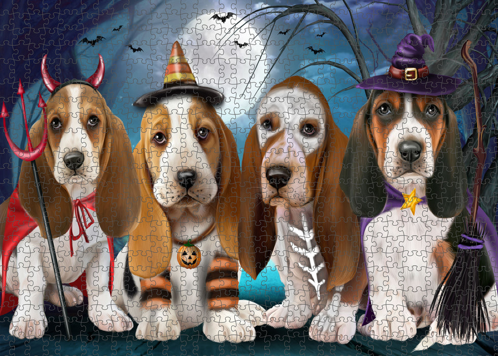 Happy Halloween Trick or Treat Basset Hound Dogs Portrait Jigsaw Puzzle for Adults Animal Interlocking Puzzle Game Unique Gift for Dog Lover's with Metal Tin Box