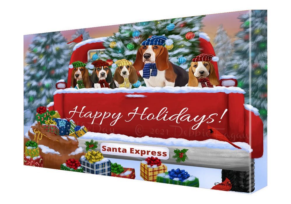 Christmas Red Truck Travlin Home for the Holidays Basset Hound Dogs Canvas Wall Art - Premium Quality Ready to Hang Room Decor Wall Art Canvas - Unique Animal Printed Digital Painting for Decoration