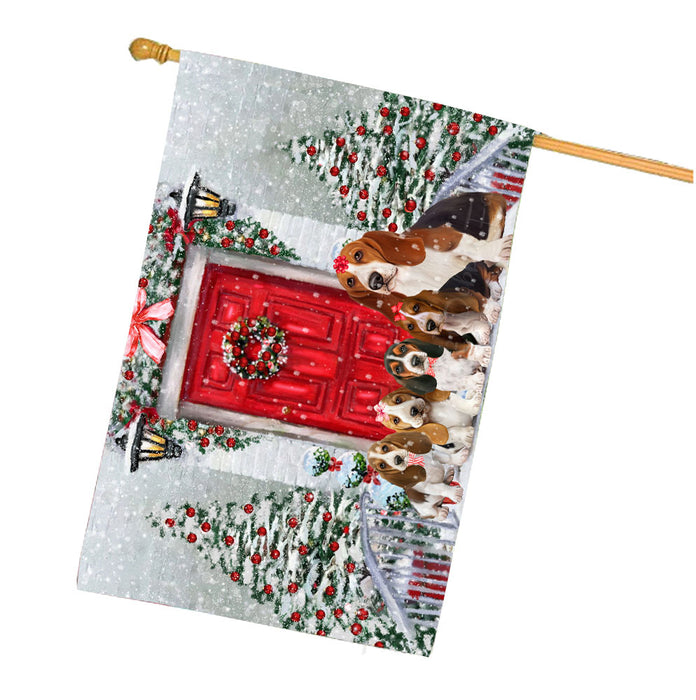 Christmas Holiday Welcome Basset Hound Dogs House Flag Outdoor Decorative Double Sided Pet Portrait Weather Resistant Premium Quality Animal Printed Home Decorative Flags 100% Polyester