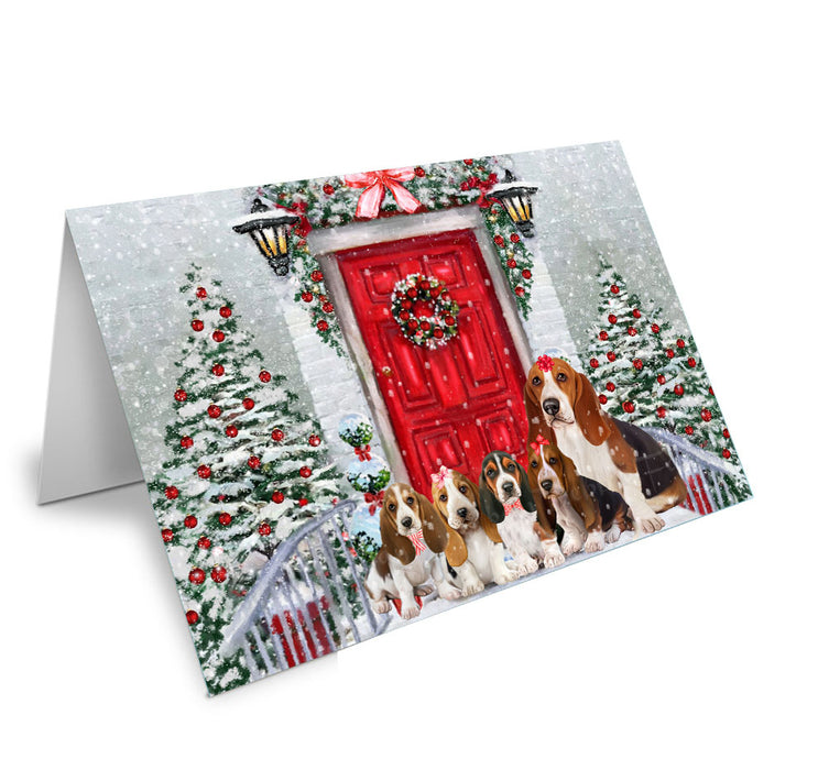 Christmas Holiday Welcome Basset Hound Dog Handmade Artwork Assorted Pets Greeting Cards and Note Cards with Envelopes for All Occasions and Holiday Seasons