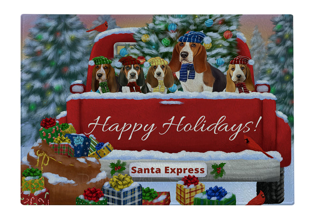 Christmas Red Truck Travlin Home for the Holidays Basset Hound Dogs Cutting Board - For Kitchen - Scratch & Stain Resistant - Designed To Stay In Place - Easy To Clean By Hand - Perfect for Chopping Meats, Vegetables