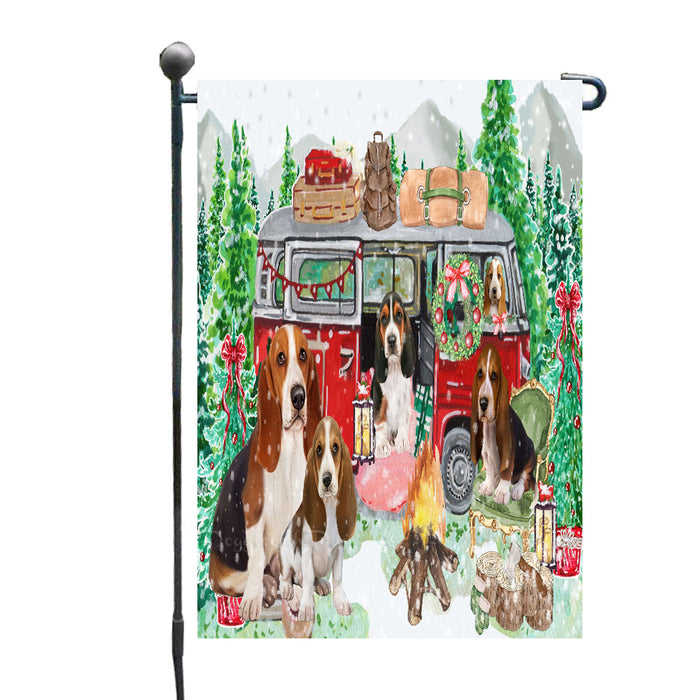 Christmas Time Camping with Basset Hound Dogs Garden Flags- Outdoor Double Sided Garden Yard Porch Lawn Spring Decorative Vertical Home Flags 12 1/2"w x 18"h