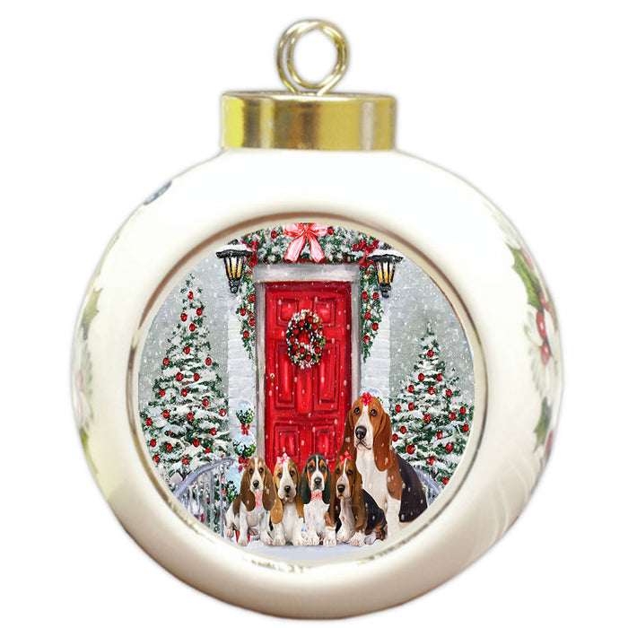 Christmas Holiday Welcome Basset Hound Dogs Round Ball Christmas Ornament Pet Decorative Hanging Ornaments for Christmas X-mas Tree Decorations - 3" Round Ceramic Ornament