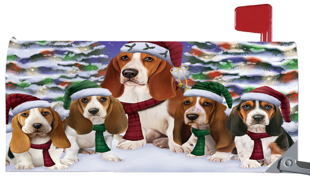 Magnetic Mailbox Cover Basset Hounds Dog Christmas Family Portrait in Holiday Scenic Background MBC48194