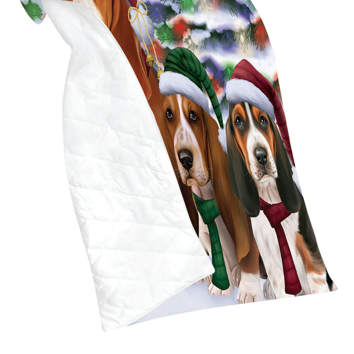 Basset Hound Dogs Christmas Family Portrait in Holiday Scenic Background Quilt