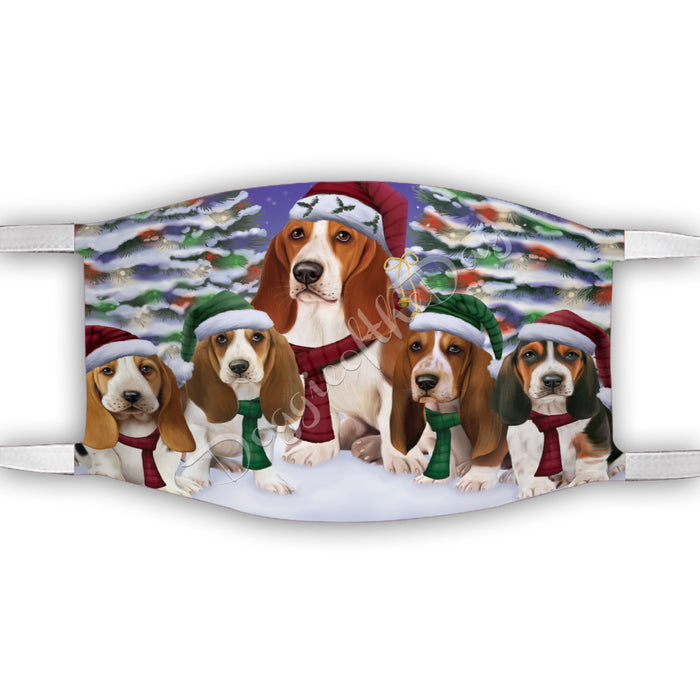 Basset Hound Dogs Christmas Family Portrait in Holiday Scenic Background Face Mask FM48313