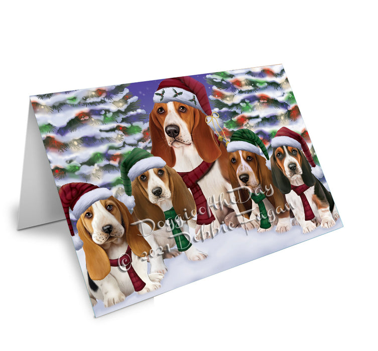 Christmas Family Portrait Basset Hound Dog Handmade Artwork Assorted Pets Greeting Cards and Note Cards with Envelopes for All Occasions and Holiday Seasons