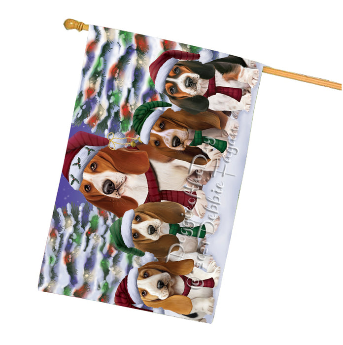 Christmas Family Portrait Basset Hound Dog House Flag Outdoor Decorative Double Sided Pet Portrait Weather Resistant Premium Quality Animal Printed Home Decorative Flags 100% Polyester