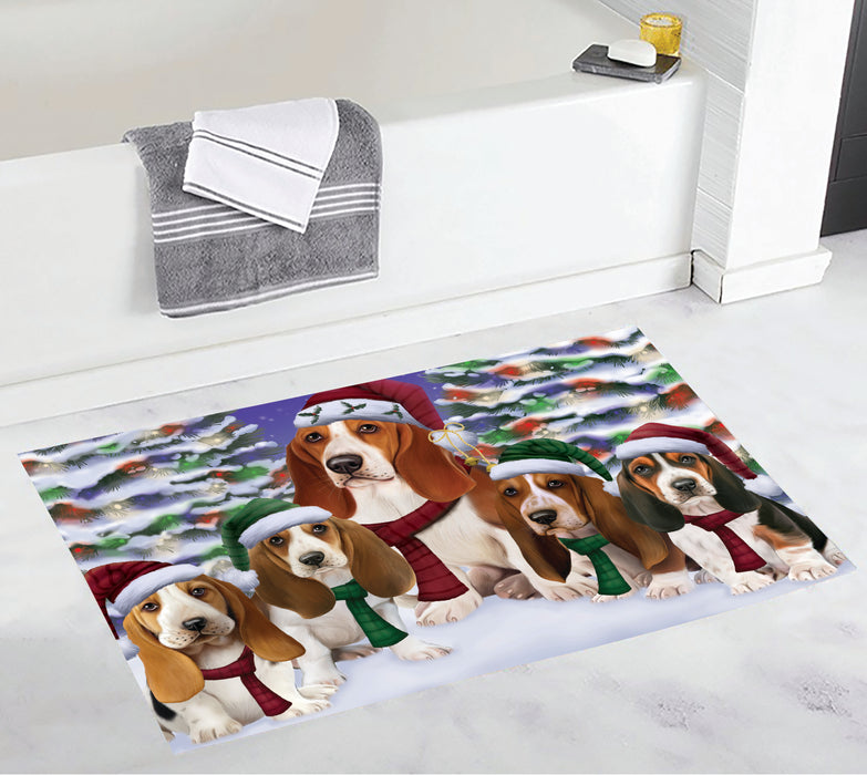 Basset Hound Dogs Christmas Family Portrait in Holiday Scenic Background Bath Mat