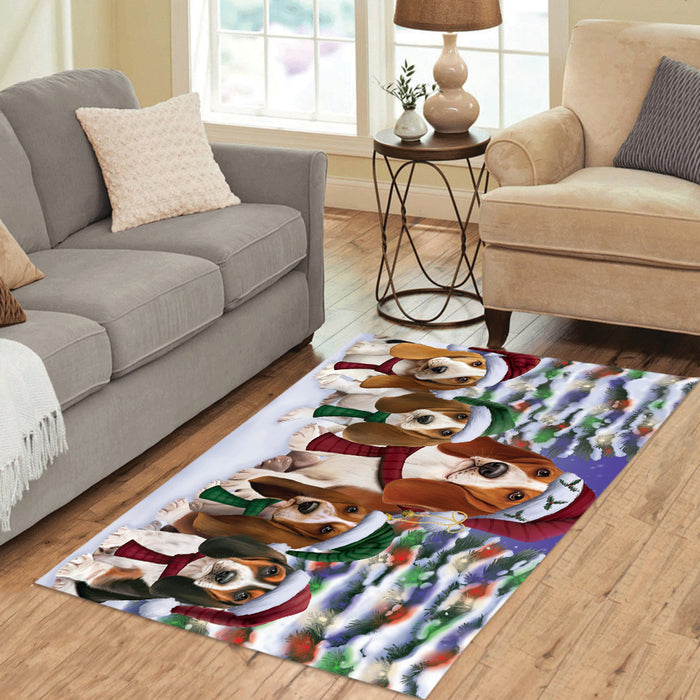 Basset Hound Dogs Christmas Family Portrait in Holiday Scenic Background Area Rug