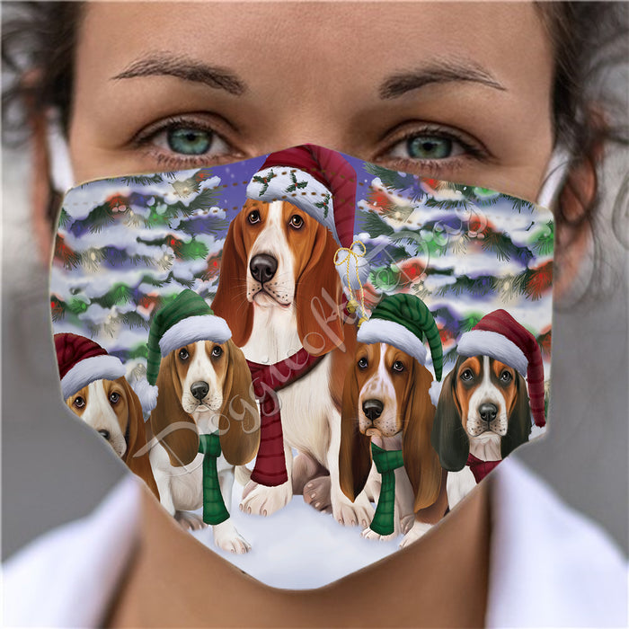 Basset Hound Dogs Christmas Family Portrait in Holiday Scenic Background Face Mask FM48313