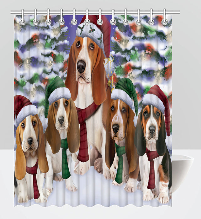 Basset Hound Dogs Christmas Family Portrait in Holiday Scenic Background Shower Curtain