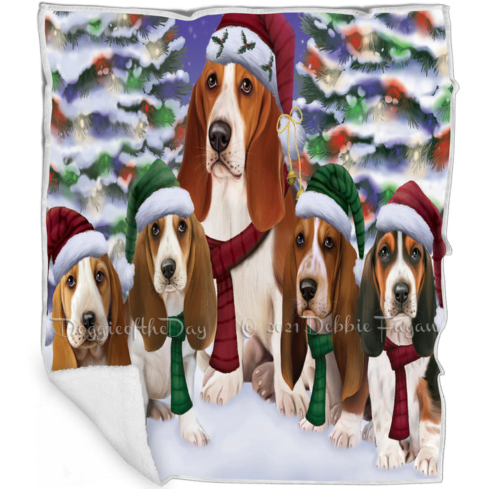 Basset Hound Dogs Christmas Family Portrait in Holiday Scenic Background Blanket BLNKT143264
