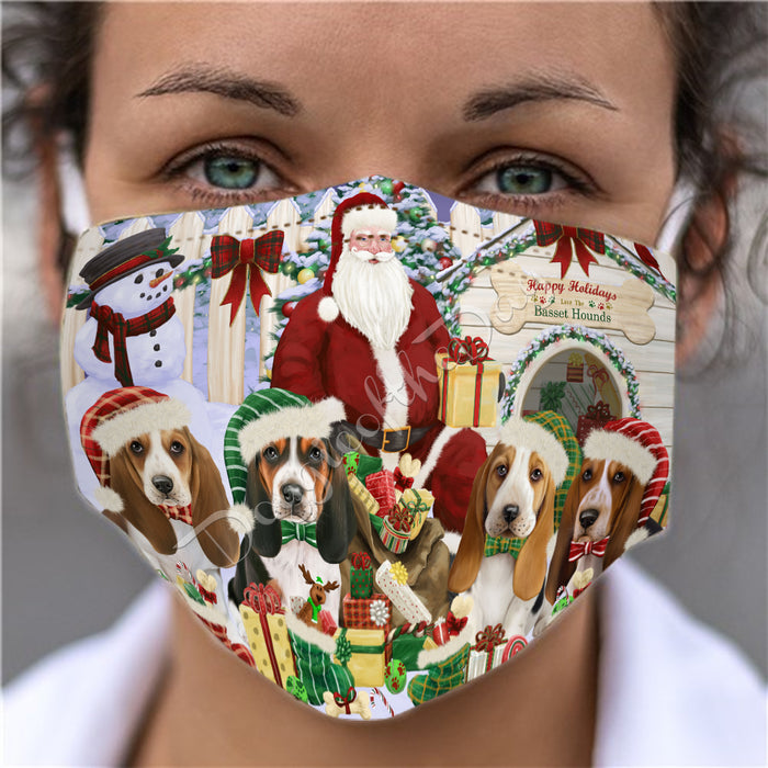 Happy Holidays Christmas Basset Hound Dogs House Gathering Face Mask FM48216