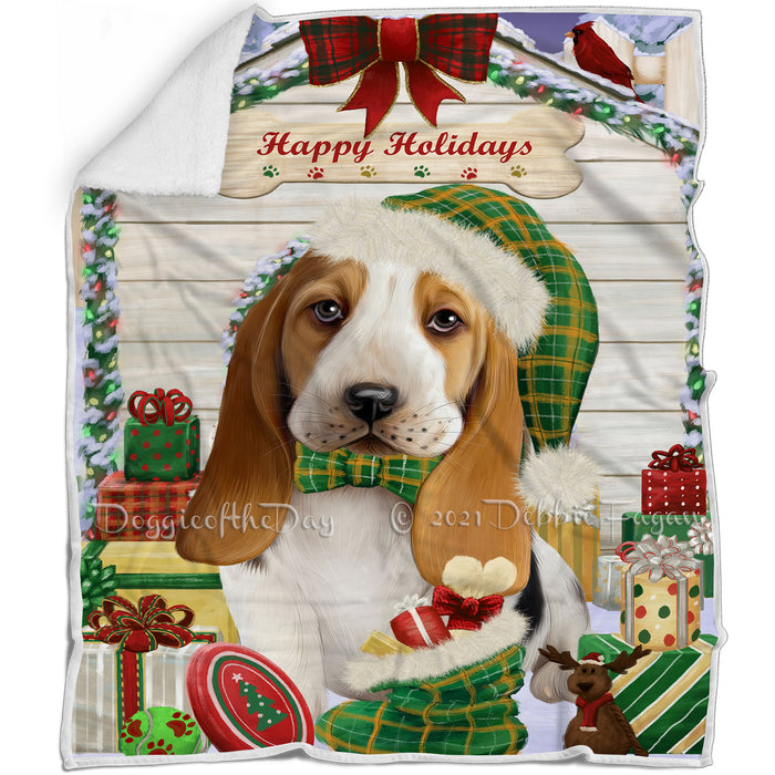 Happy Holidays Christmas Basset Hound Dog House with Presents Blanket BLNKT77961